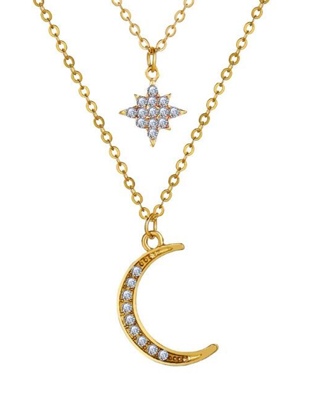 Stunning Gold Plated Double Layered Star And Moon Pendant Necklace