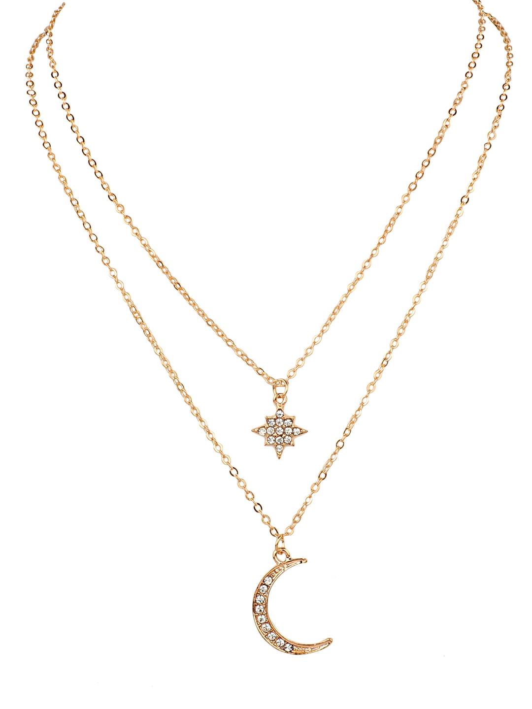 Stunning Gold Plated Double Layered Star And Moon Pendant Necklace