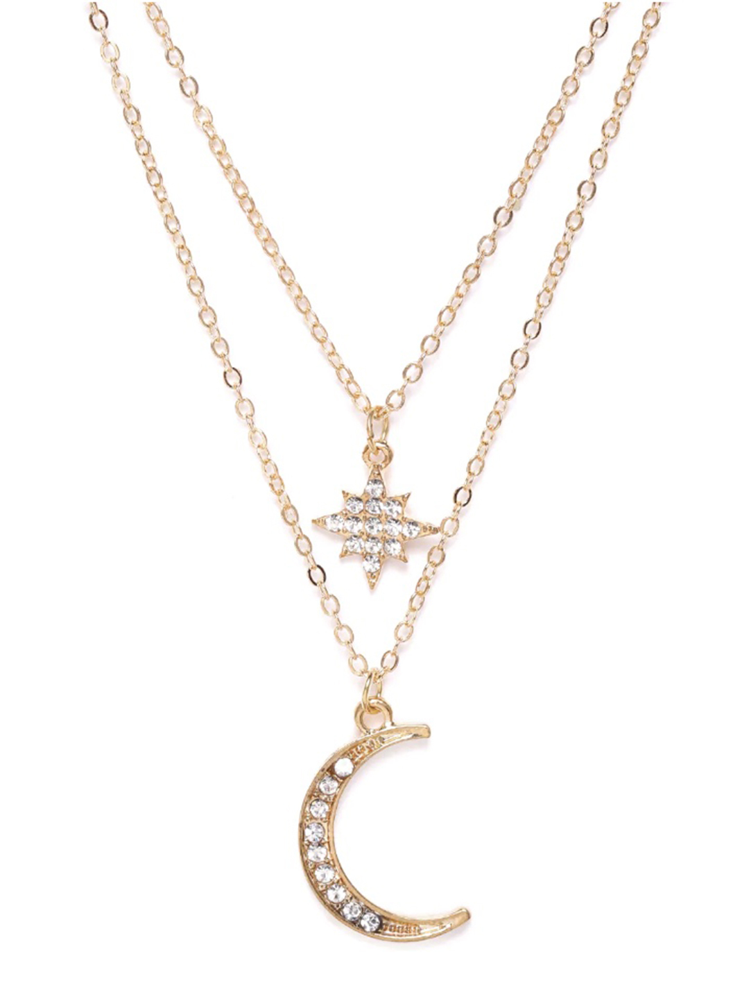 Stunning Gold Plated Double Layered Star And Moon Pendant Necklace