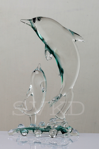 SVKD Glass Dolphins - Glass, 13x8x4 cm, Green | Easy to Clean, Eco-Friendly, Modern Arts Style, Medium Size, Animal Theme