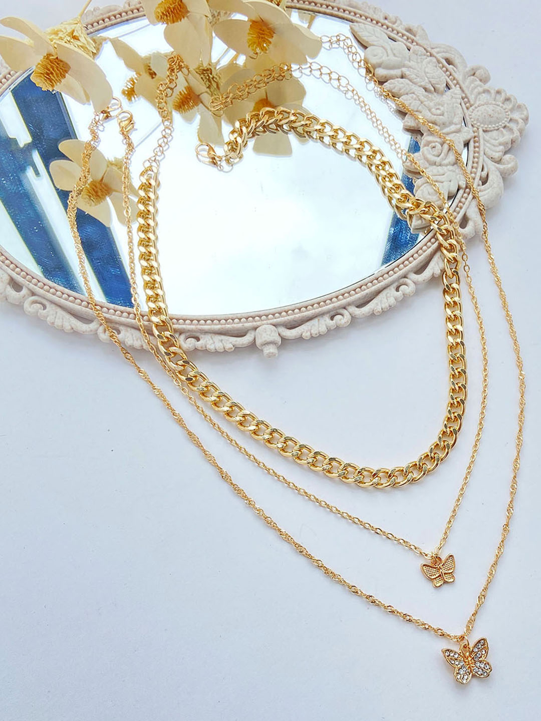 Gold Plated Triple Layered Butterfly Pendant Necklace - 20 Grams, Fine Jewelry Set For Women | Elegant Design, Perfect For Layering