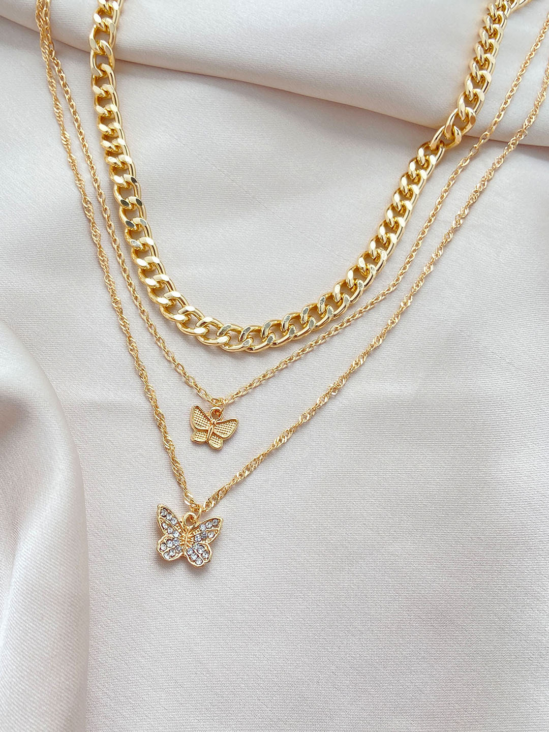 Gold Plated Triple Layered Butterfly Pendant Necklace - 20 Grams, Fine Jewelry Set For Women | Elegant Design, Perfect For Layering
