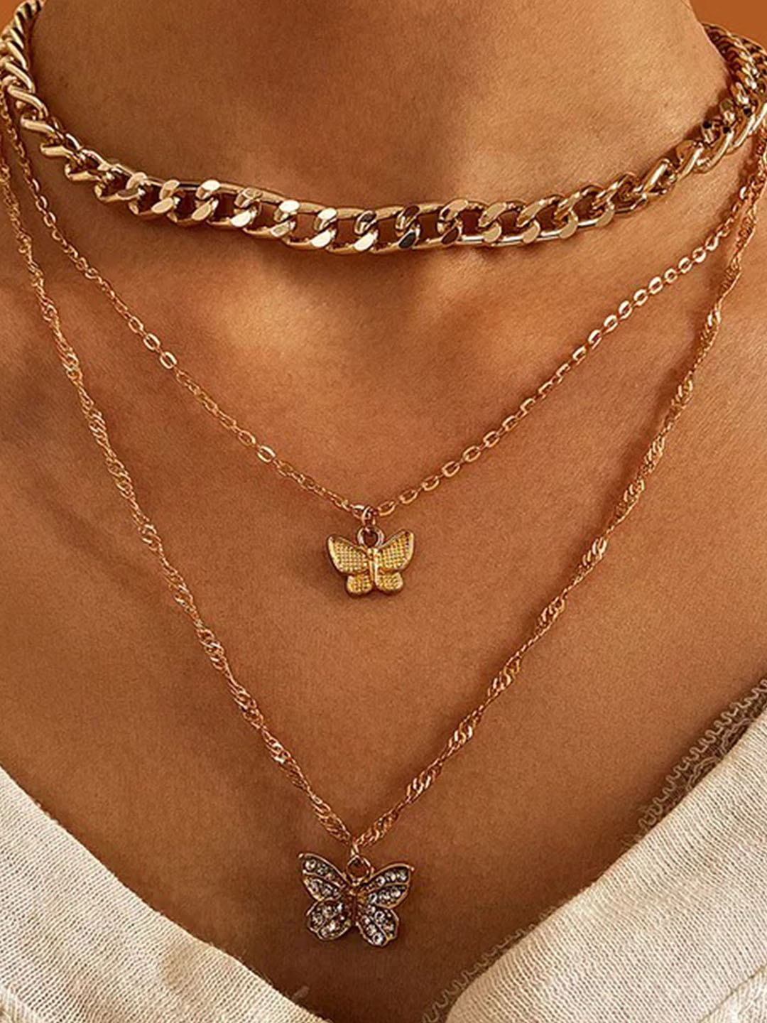 Gold Plated Triple Layered Butterfly Pendant Necklace - 20 Grams, Fine Jewelry Set For Women | Elegant Design, Perfect For Layering