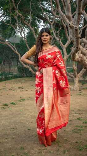 Bridal Saree - Silk Material, Elegant Red with Gold Accents | Exquisite Bridal Collection for Your Special Day
