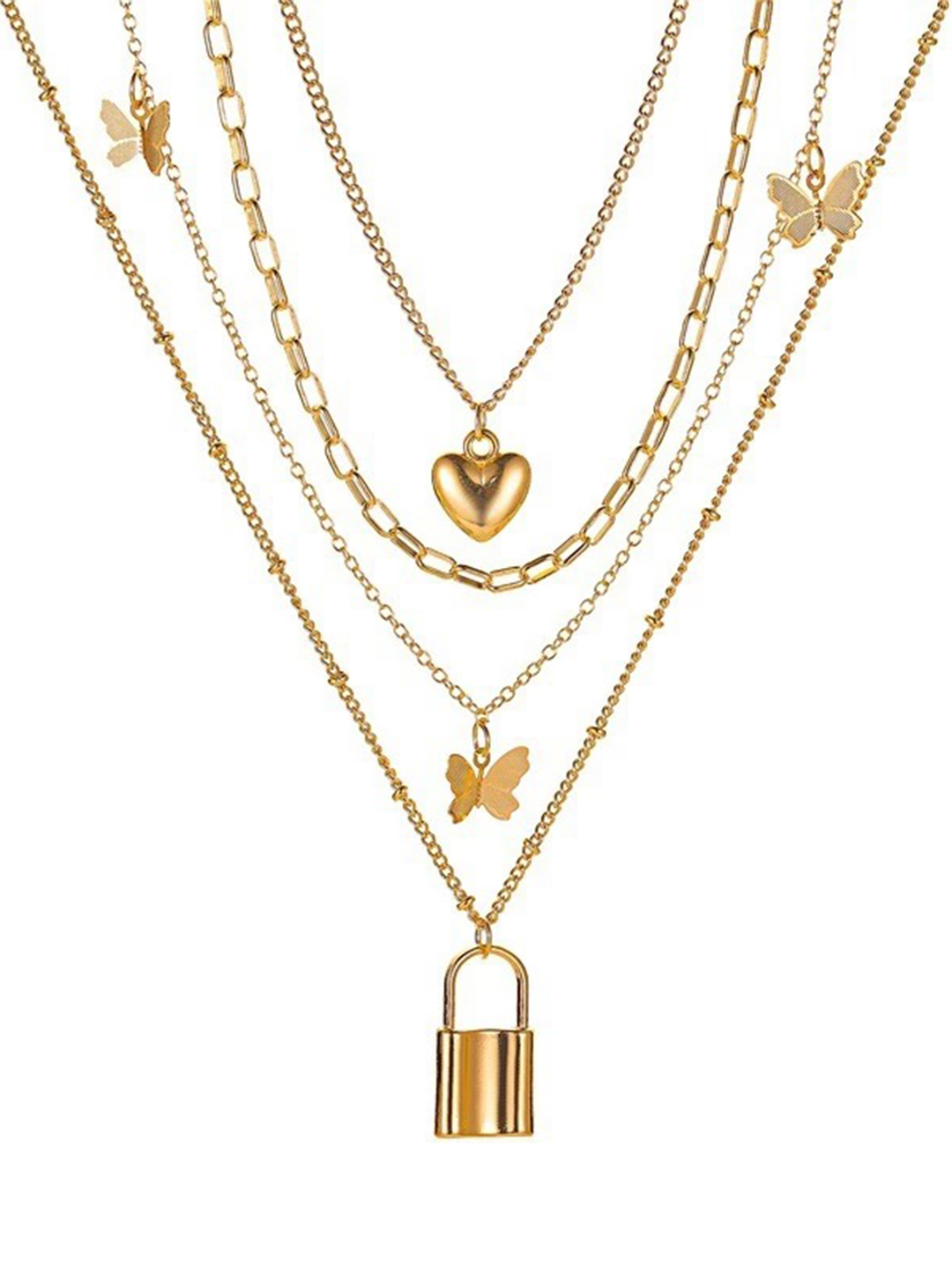 Gold Plated Multi Layered Heart And Butterfly Necklace - 20g Weight, Fashion & Costume Jewelry Sets For Women | Perfect For Gifts, Parties, Anniversaries