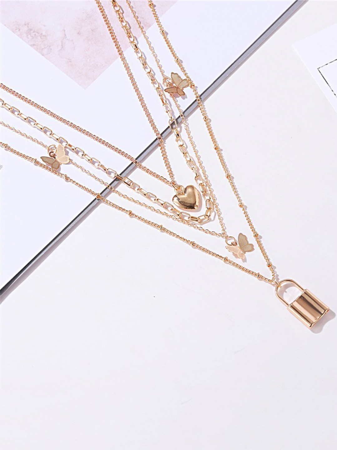 Gold Plated Multi Layered Heart And Butterfly Necklace - 20g Weight, Fashion & Costume Jewelry Sets For Women | Perfect For Gifts, Parties, Anniversaries