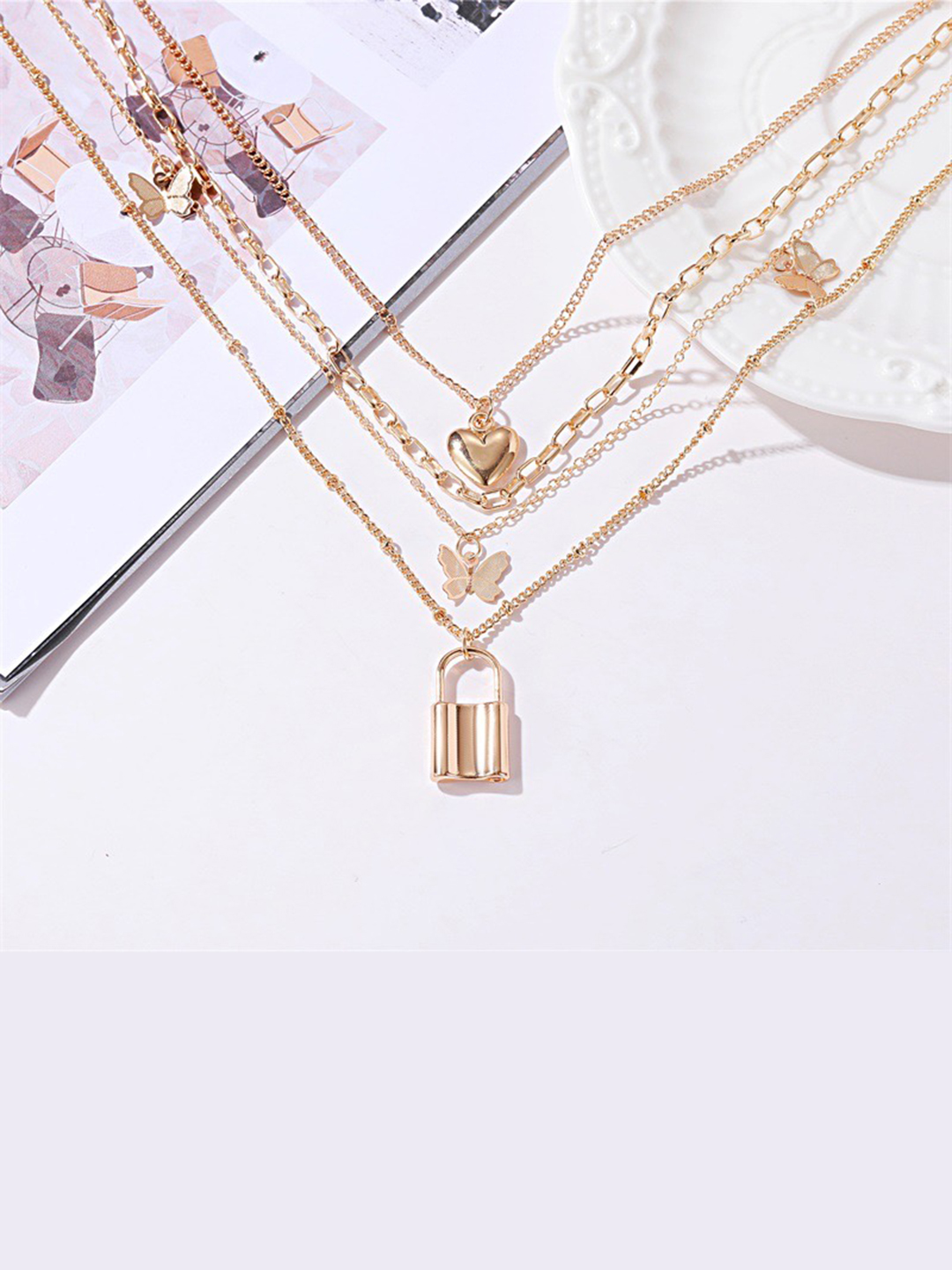 Gold Plated Multi Layered Heart And Butterfly Necklace - 20g Weight, Fashion & Costume Jewelry Sets For Women | Perfect For Gifts, Parties, Anniversaries
