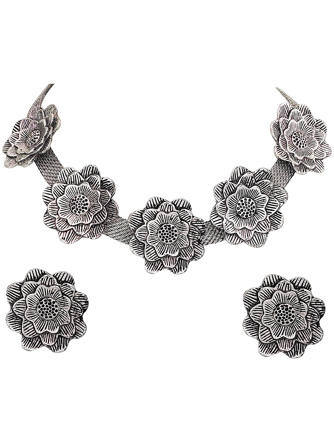 Stylish Oxidised Silver Flower Choker Necklace With Stud Earrings For Women & Girls