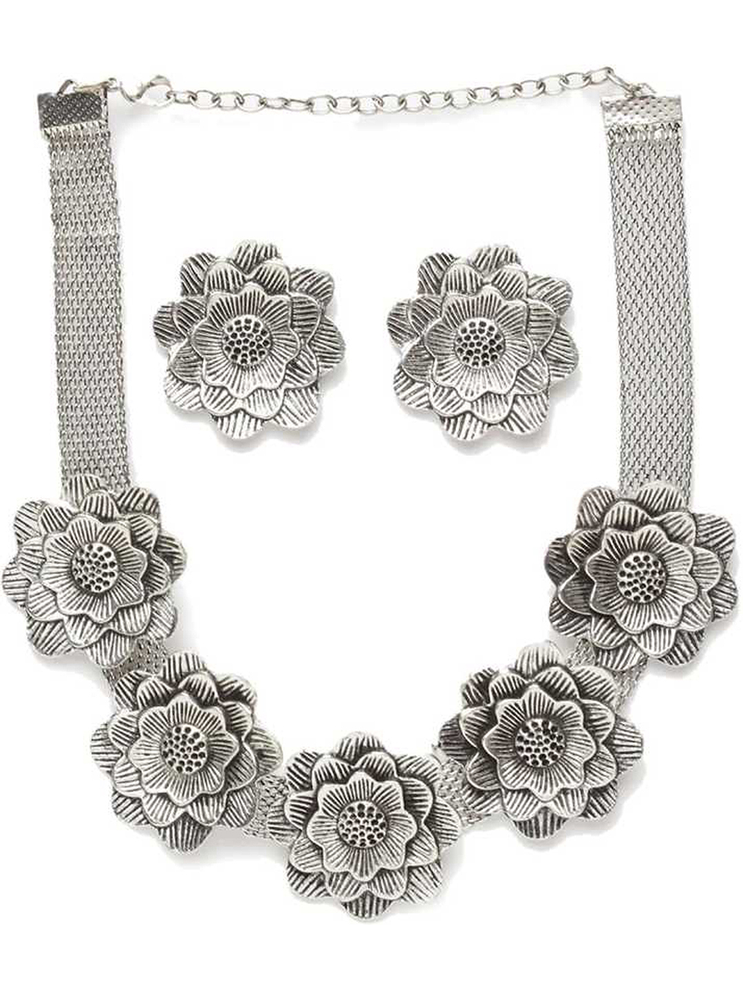 Stylish Oxidised Silver Flower Choker Necklace With Stud Earrings For Women & Girls