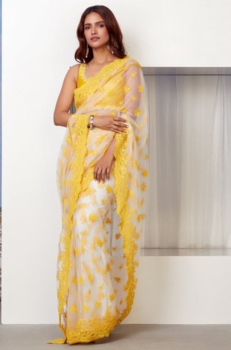 Sequence Work Saree - Silk Blend, 5.5 Meters Length, Yellow Color, Sequence Embroidery, Lace Border | Ideal for Weddings and Festive Occasions