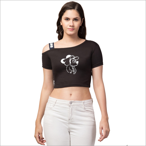 Ladies Cold Shoulder Crop Top - Printed Cotton Blend Fabric | Black Color, All-season Fit, Available In All Sizes