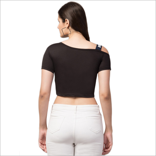 Ladies Cold Shoulder Crop Top - Printed Cotton Blend Fabric | Black Color, All-season Fit, Available In All Sizes