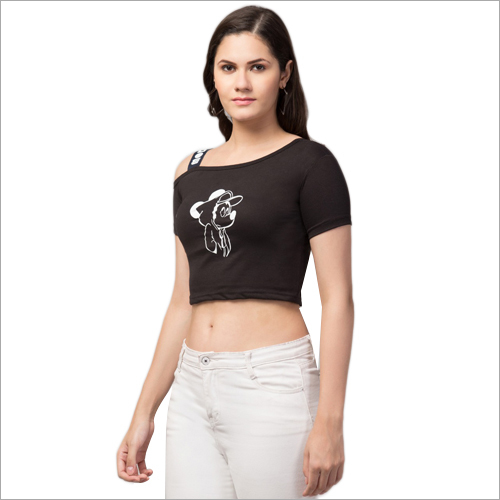 Ladies Cold Shoulder Crop Top - Printed Cotton Blend Fabric | Black Color, All-season Fit, Available In All Sizes