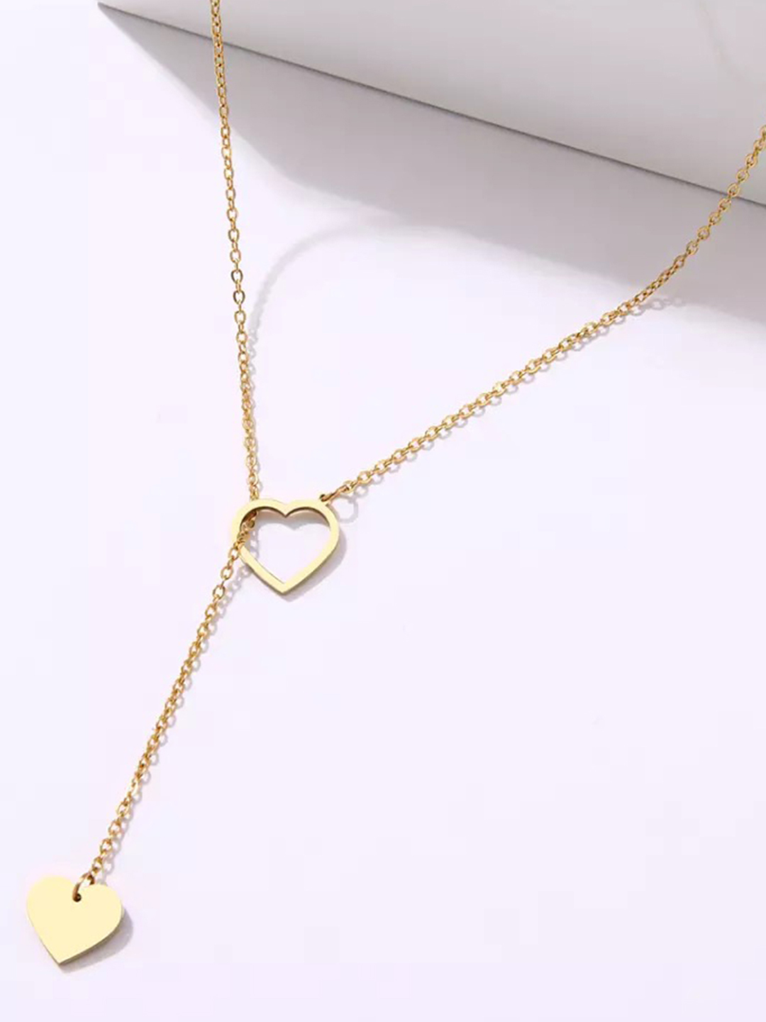 Gold Plated Y-shaped Drop Heart Pendant Necklace - Gold-plated Metal, 1x1 Cm Pendant, 16-inch Delicate Chain | Elegant Design, Durable Material, Stylish Accessory