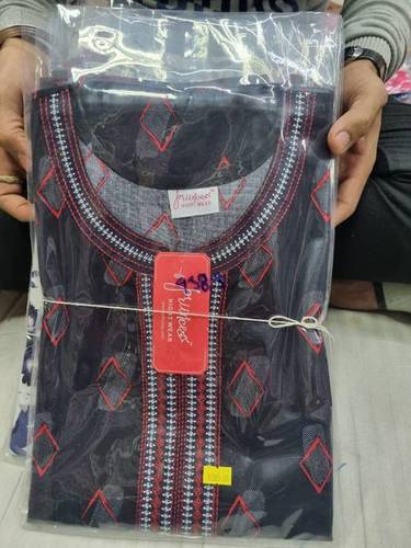 Black Embroidered Cotton Long Nighty M13 - Full Length, Free Size, Black and Red Embroidery, Round Neck, Short Sleeves, Alluring Aesthetic