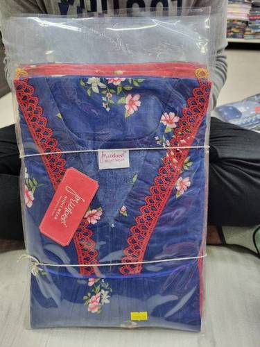 Cotton Nightgown - Free Size, Full Length Blue Floral Print with Red Lace | Short Sleeves, V Neck, Appliqued and Crocheted Design