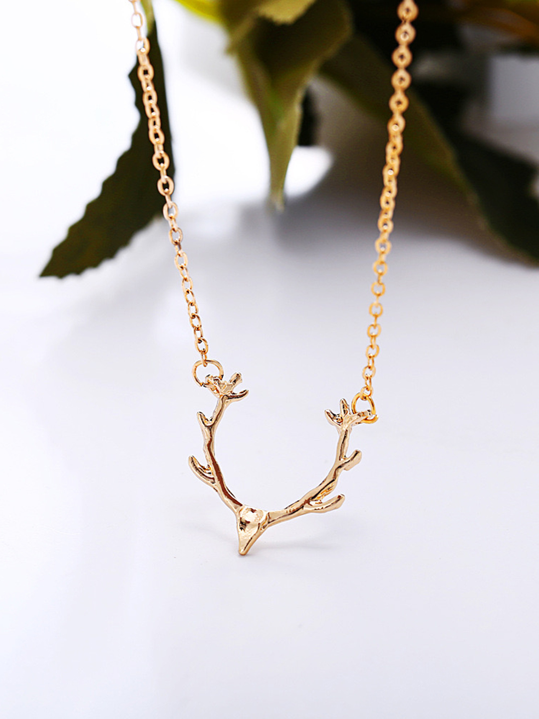 Stunning Gold Plated Reindeer Animal Horn Pendant Necklace