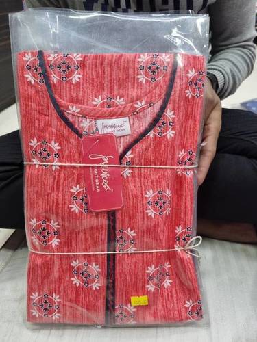 Red Printed Cotton Long NightyM17 - Free Size, Full Length, V Neck, Short Sleeves | Comforting Cotton, Elegant Embroidery, Chic Printed Design