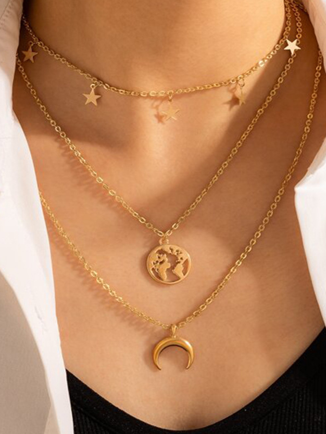 Gold Plated Triple Layered Half Moon And World Pendant Necklace - Alloy, 20 Grams | Elegant Fine Jewelry Set For Women, Perfect Gift For Weddings