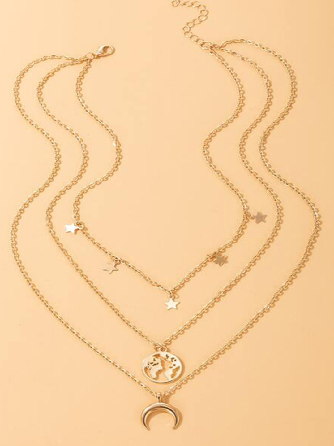 Gold Plated Triple Layered Half Moon And World Pendant Necklace - Alloy, 20 Grams | Elegant Fine Jewelry Set For Women, Perfect Gift For Weddings