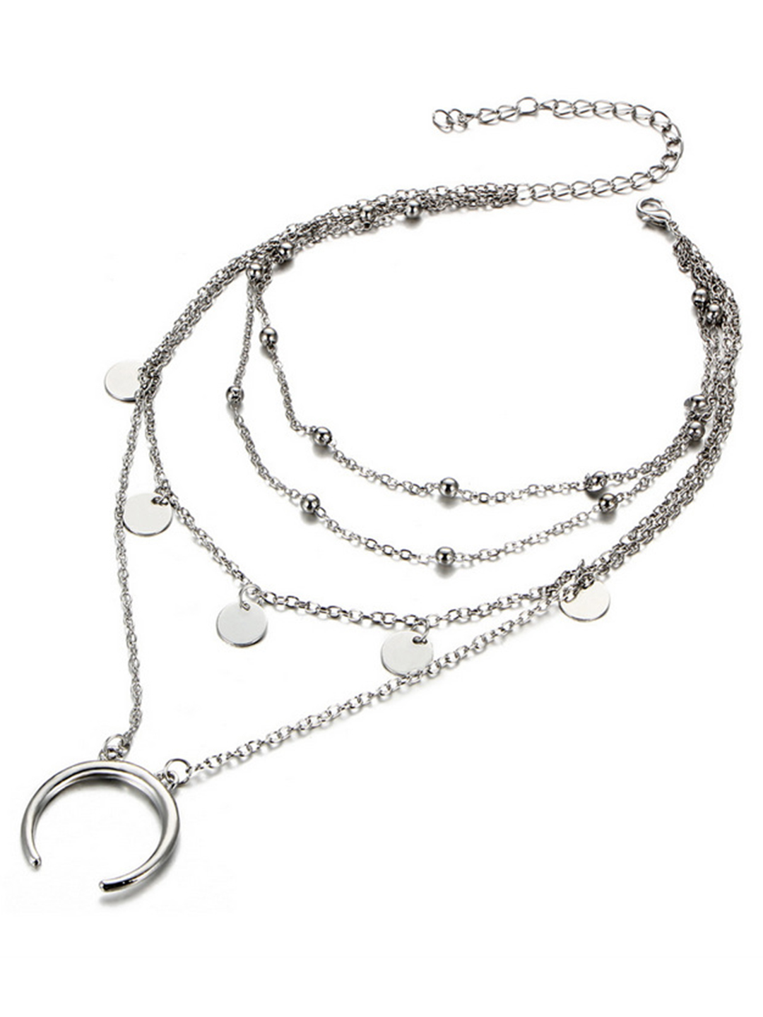 Silver Plated Triple Layered Beads Half Moon And World Pendant Necklace - Alloy Material, 20g Weight | Charm Pendant Design For Women