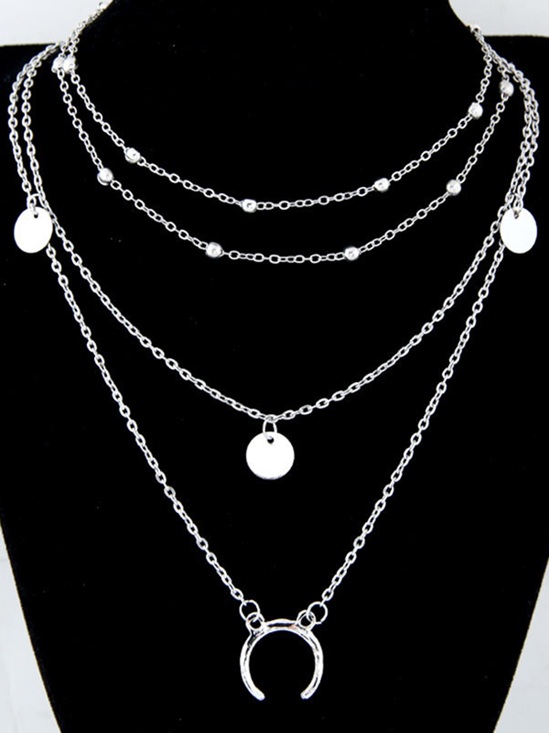 Silver Plated Triple Layered Beads Half Moon And World Pendant Necklace - Alloy Material, 20g Weight | Charm Pendant Design For Women
