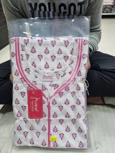 Printed Cotton Long Nighty M24 - Full Length, Free Size, White and Pink Printed, Short Sleeves, V Neck Design | Designed for Comfort and Style