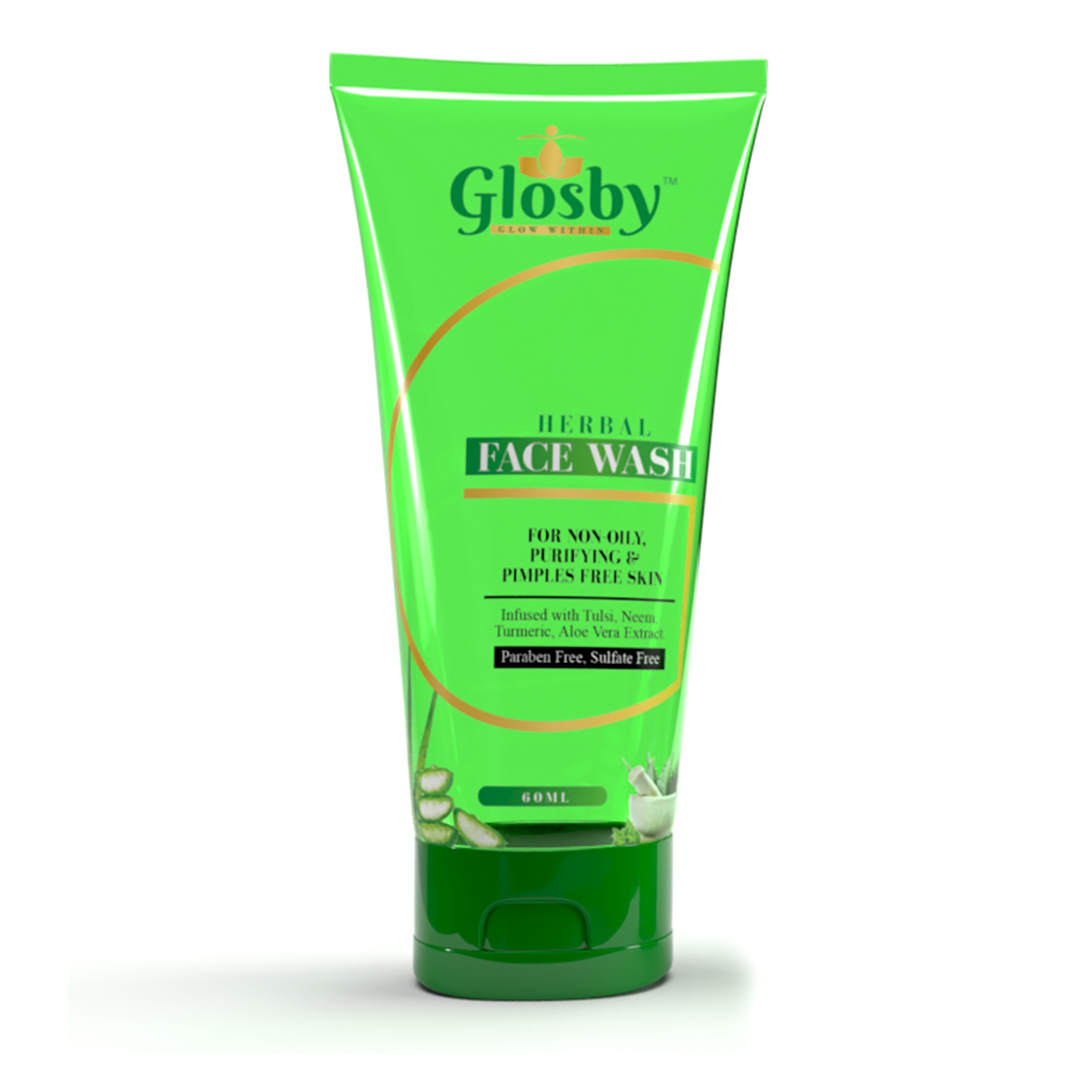 Herbal Face Wash - Gel Form, Green Color, 60 Ml Tube | For All Ages & Skin Types, Gentle Hydration, Waterproof & Smudge-proof Formula