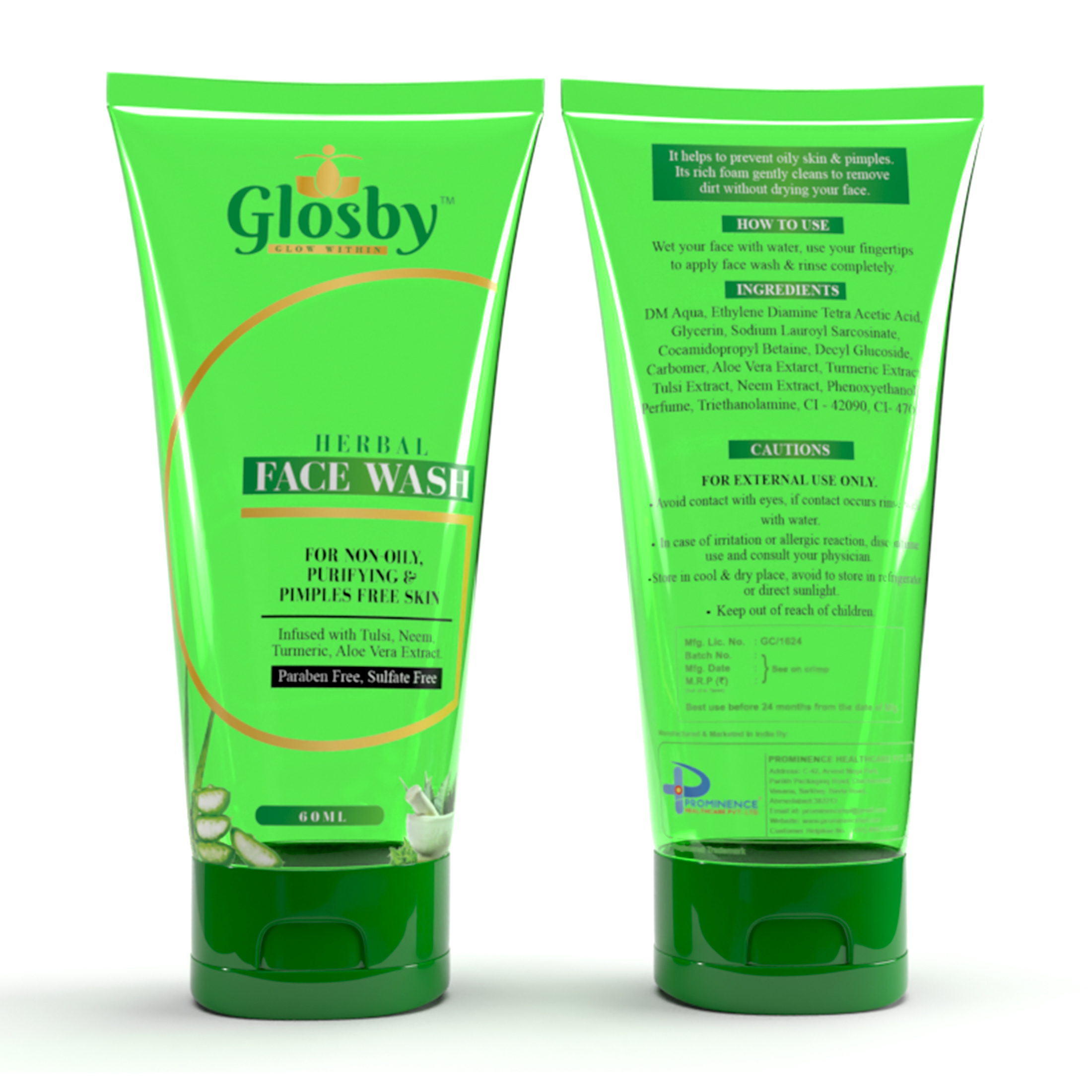 Herbal Face Wash - Gel Form, Green Color, 60 Ml Tube | For All Ages & Skin Types, Gentle Hydration, Waterproof & Smudge-proof Formula