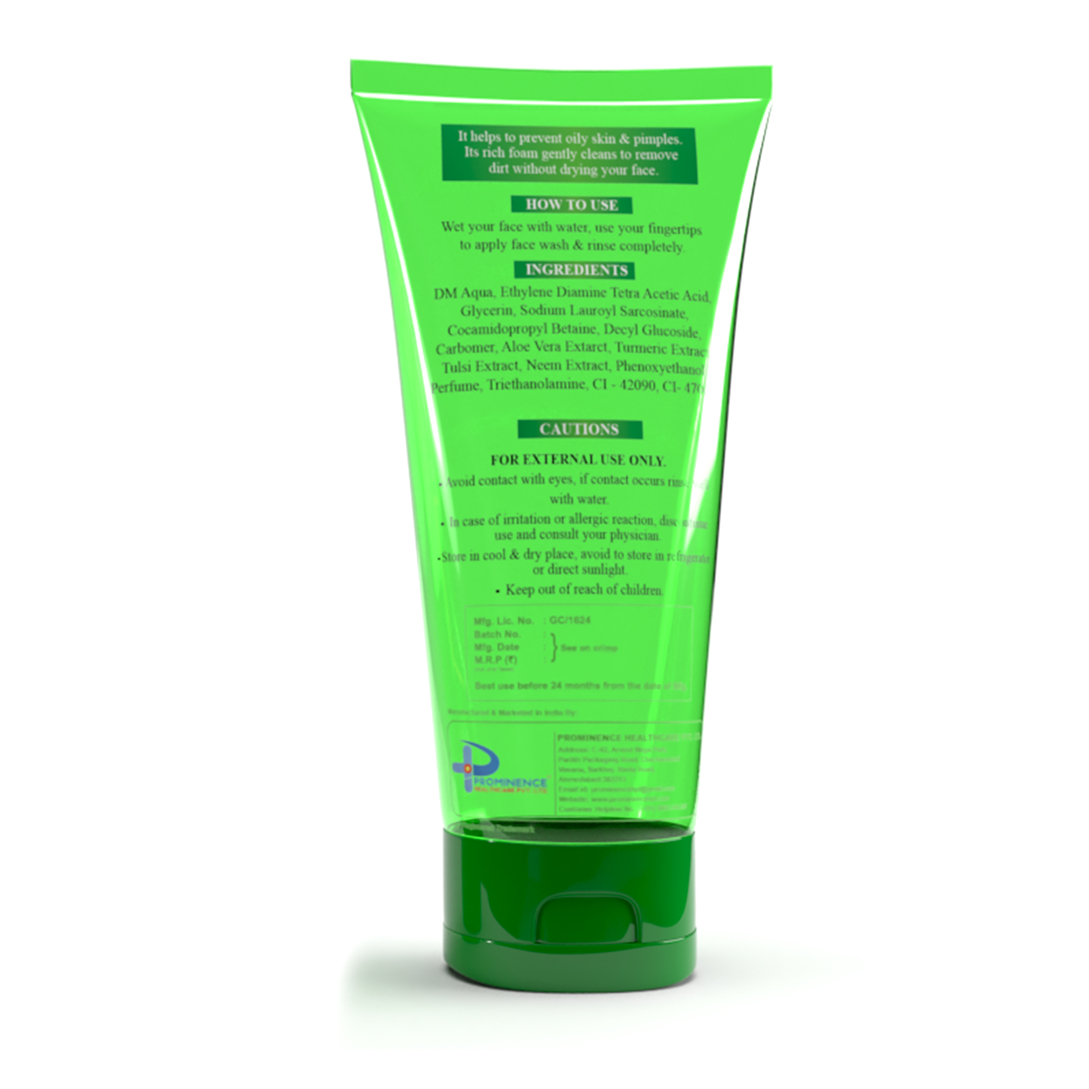 Herbal Face Wash - Gel Form, Green Color, 60 Ml Tube | For All Ages & Skin Types, Gentle Hydration, Waterproof & Smudge-proof Formula