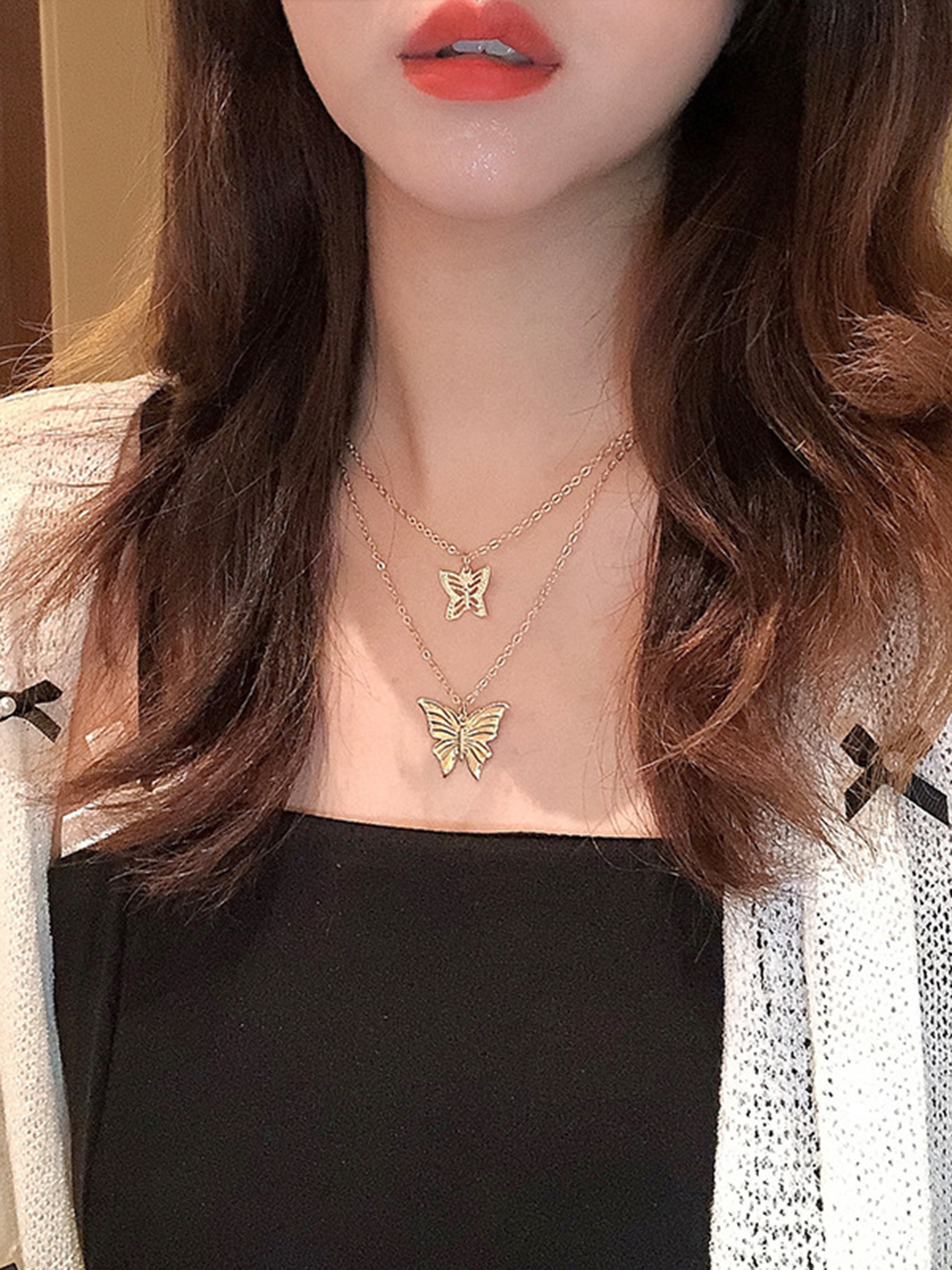 Gorgeous Gold Plated Double Layered Double Butterfly Pendant Necklace For Women And Girls Weight: 20 Grams (G)