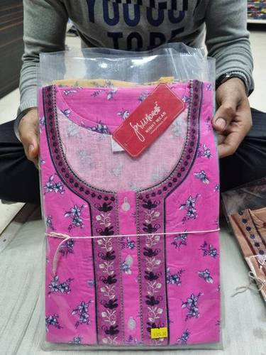 Printed Cotton Long Nighty M33 - Free Size, Full Length, Pink with Black and White Embroidery, Short Sleeves | Comfort Fabric for Women
