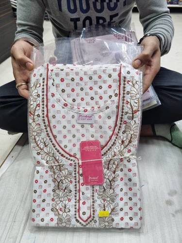 Embroidered Cotton Long Nighty M34 - Full Length, Free Size, White and Red, Short Sleeves | Alluring Look, Comfortable Material, Printed Design