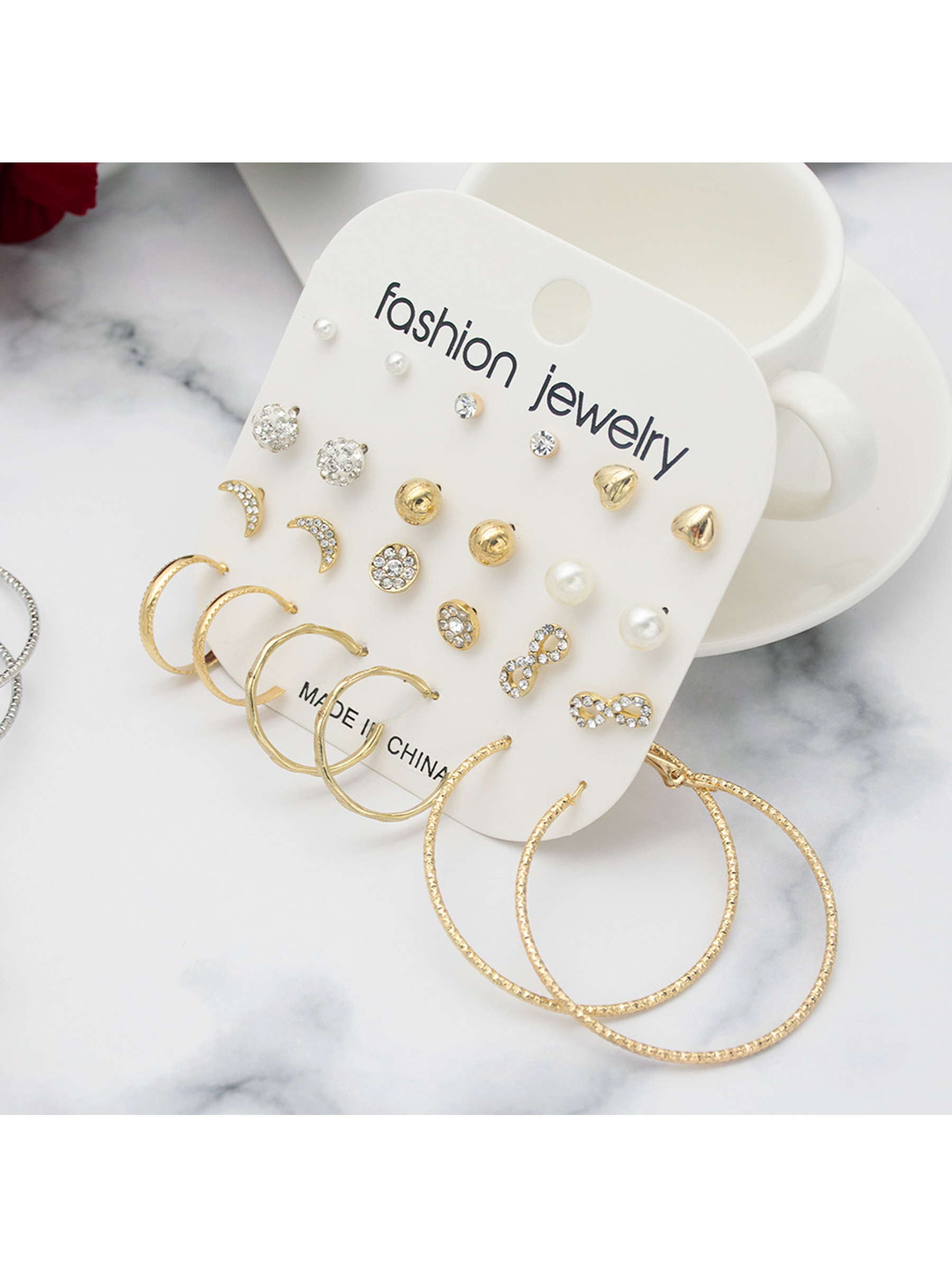 Combo Of 12 Pair Pearl Stone Stud And Hoop Earrings - Alloy Material, Fashion & Costume Jewelry Set, Stylish Design For Women | Lightweight At 20g