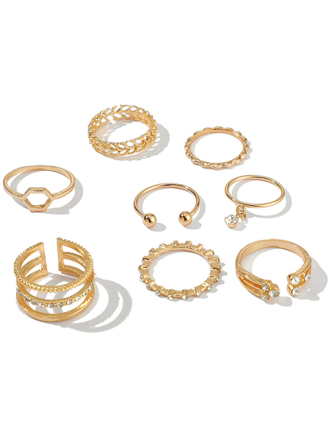 Gold Plated 8 Piece Multi Designs Ring Set - Alloy, 20g | Fashion Jewelry For Women, Ideal For Anniversary, Wedding, Engagement, Or Party