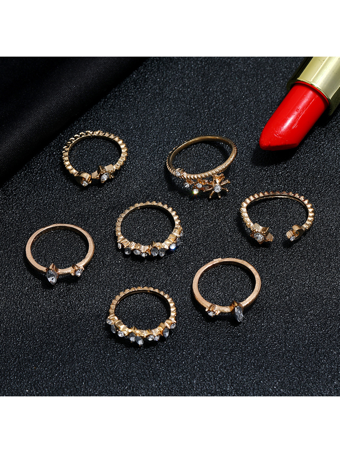 Gold Plated 7 Piece Multi Designs Ring Set Gender: Women