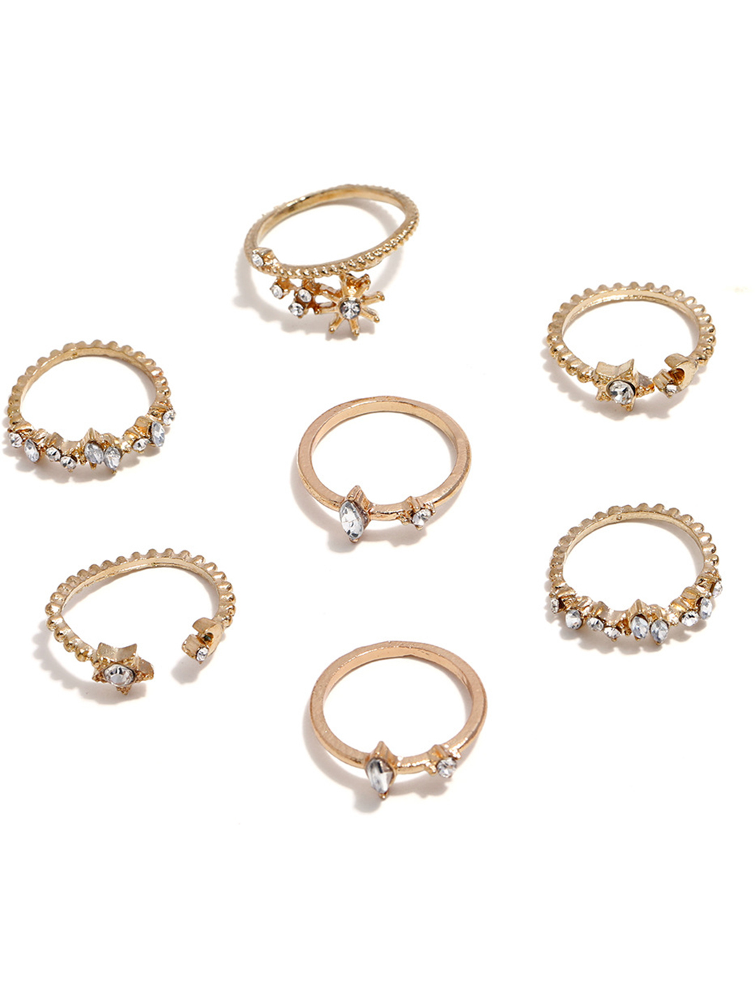 Gold Plated 7 Piece Multi Designs Ring Set Gender: Women