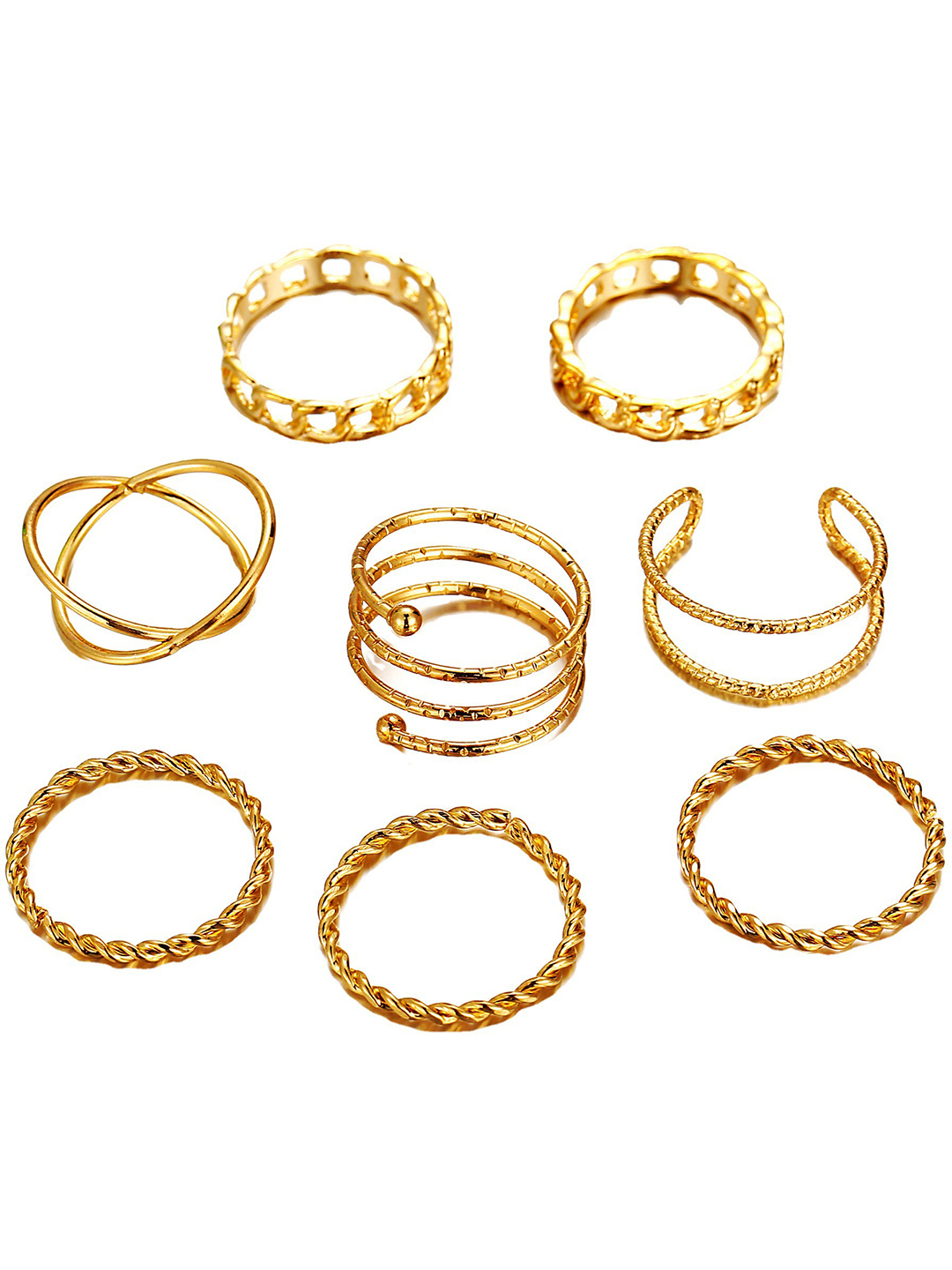 Stylish Gold Plated 8 Piece Multi Designs Ring Set - Alloy, 20 Grams | Women's Fashion Jewelry For Anniversary, Engagement, Party & Wedding