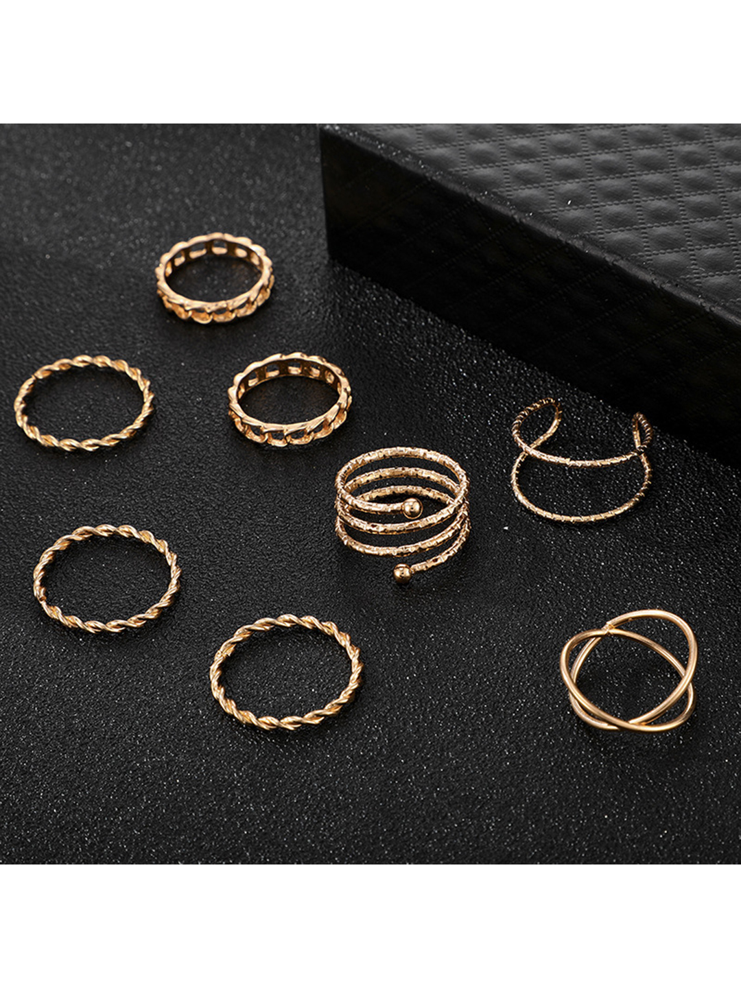 Stylish Gold Plated 8 Piece Multi Designs Ring Set - Alloy, 20 Grams | Women's Fashion Jewelry For Anniversary, Engagement, Party & Wedding