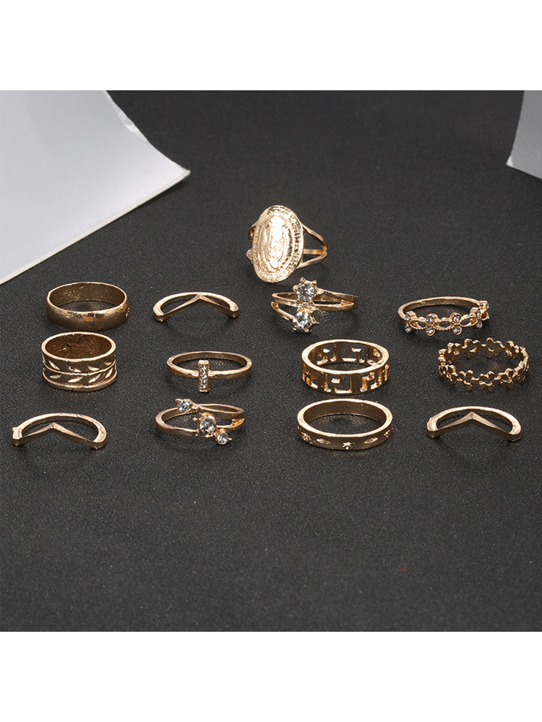 Gold Plated 13 Piece Diamond Studded Ring Set - 20 Grams | Women's Fashion & Costume Jewelry, Perfect For Anniversary, Engagement, Party, Wedding