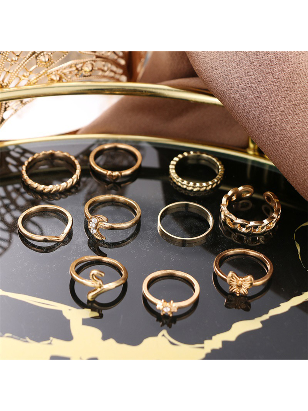 Gold Plated Ring Set - 10 Unique Multi-design Rings | Fashion & Costume Jewelry For Women