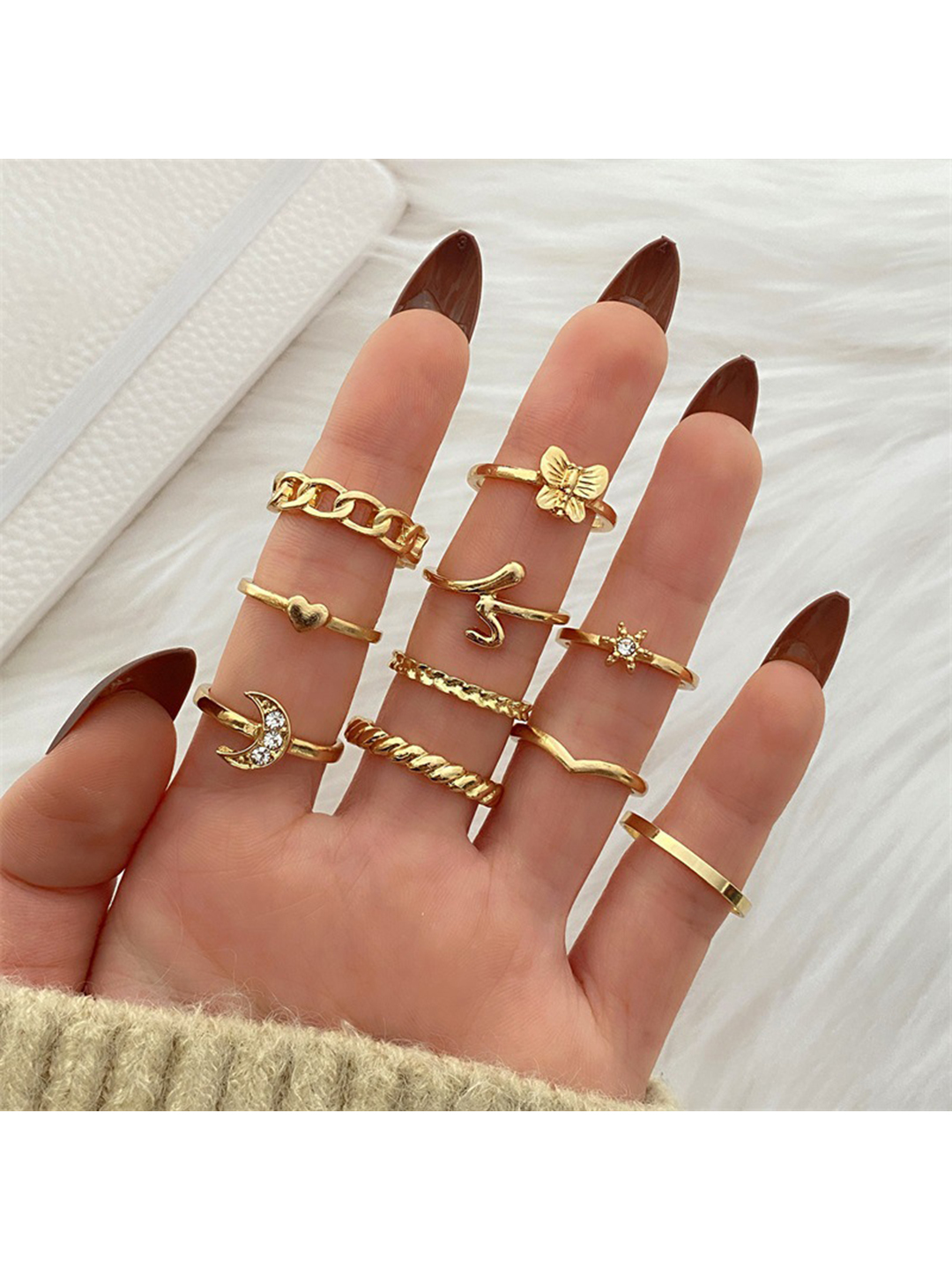 Gold Plated Ring Set - 10 Unique Multi-design Rings | Fashion & Costume Jewelry For Women