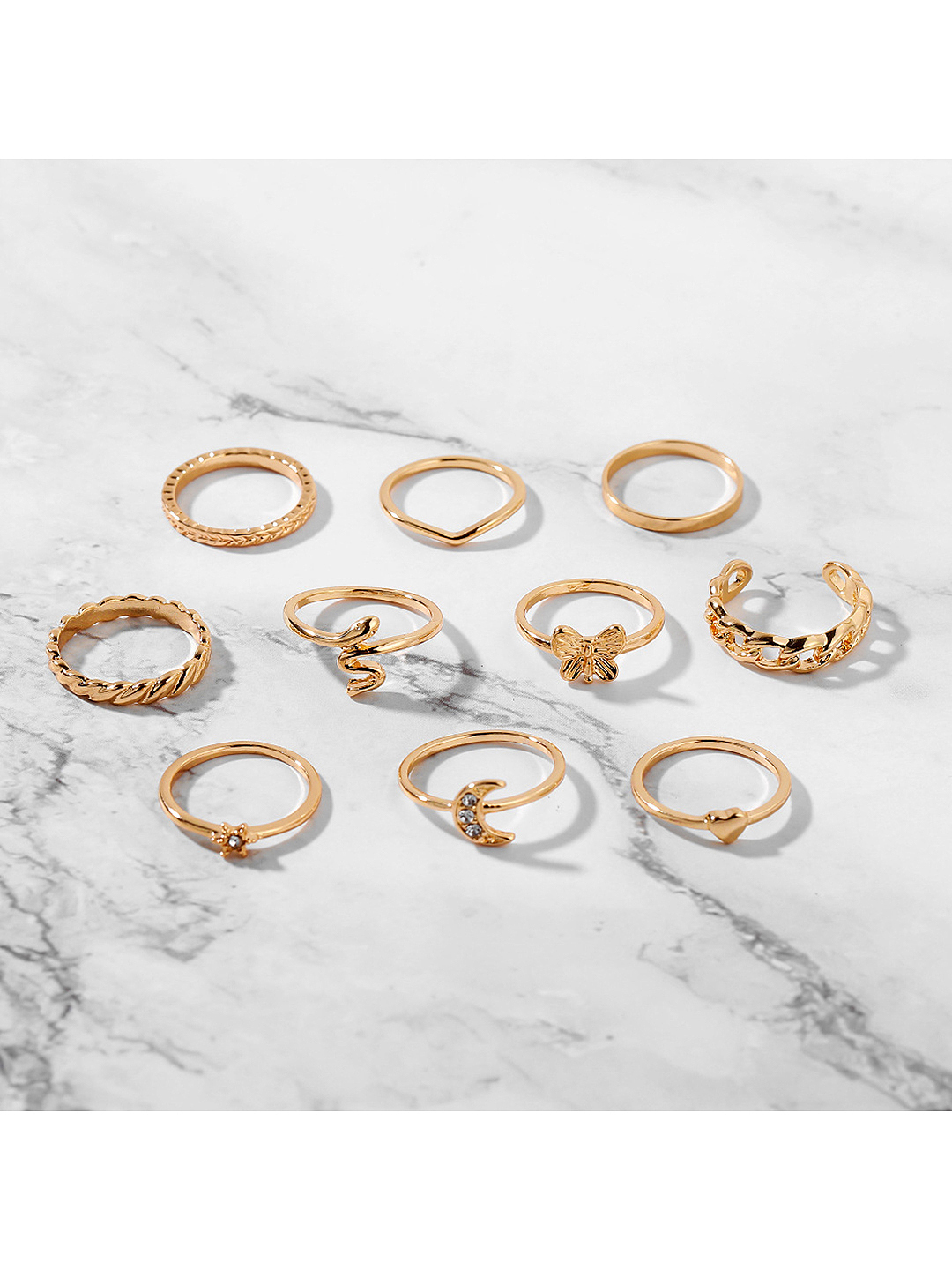 Gold Plated Ring Set - 10 Unique Multi-design Rings | Fashion & Costume Jewelry For Women