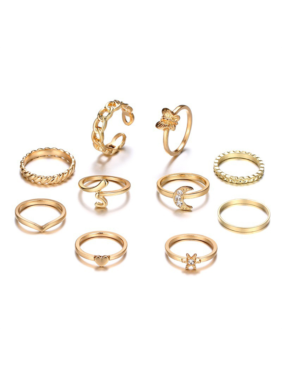 Gold Plated Ring Set - 10 Unique Multi-design Rings | Fashion & Costume Jewelry For Women