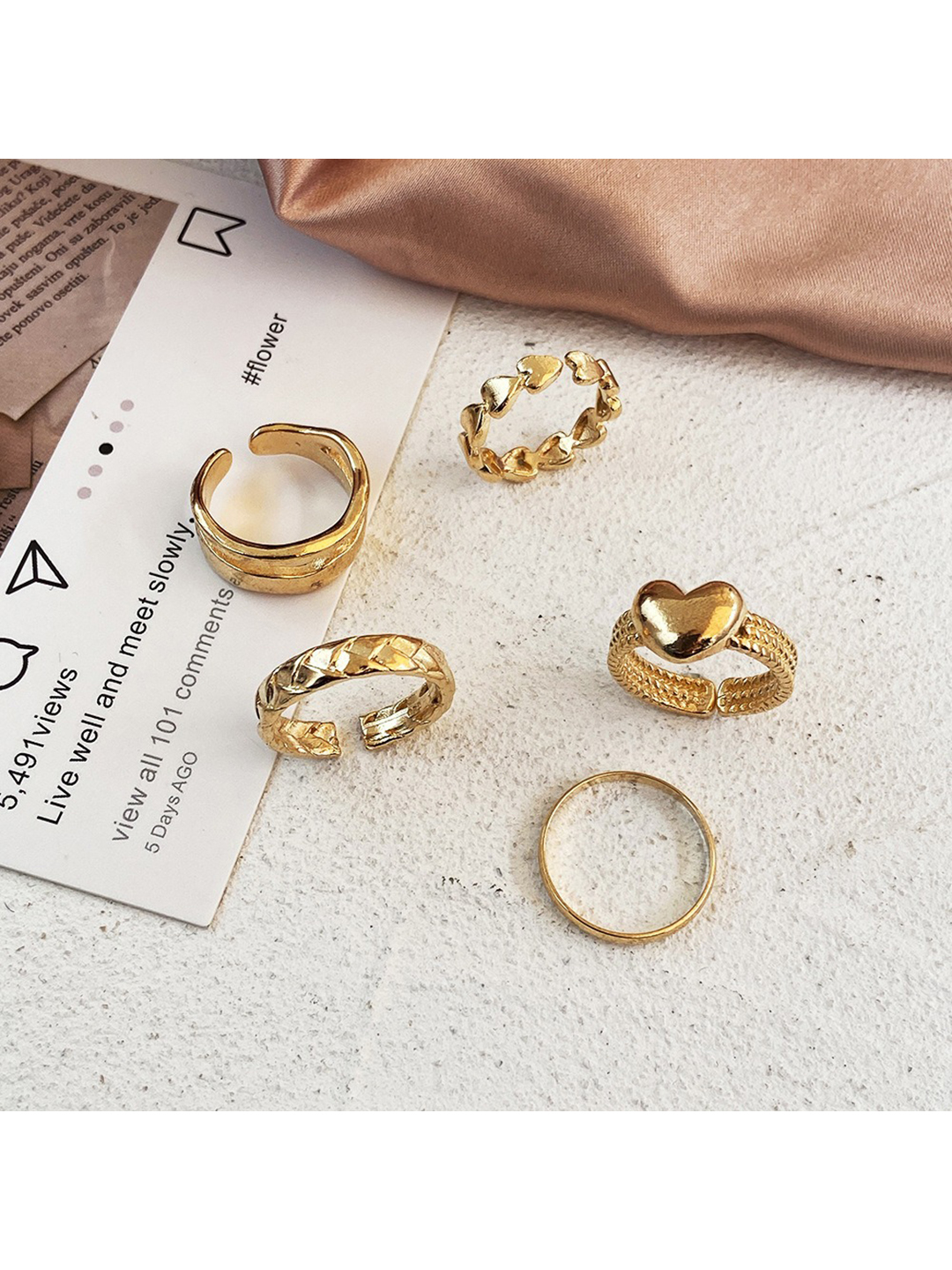 Gold Plated 5 Piece Simple Heart Ring Set - Alloy Material, 20 Grams Weight | Fashion & Costume Jewelry, Ideal For Engagement, Anniversary, And Wedding Occasions