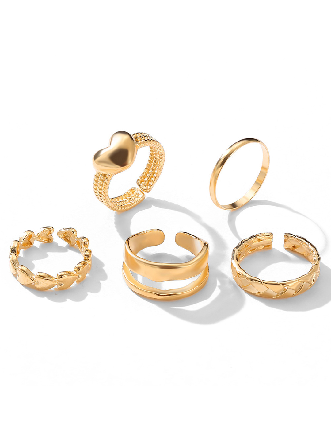 Gold Plated 5 Piece Simple Heart Ring Set - Alloy Material, 20 Grams Weight | Fashion & Costume Jewelry, Ideal For Engagement, Anniversary, And Wedding Occasions