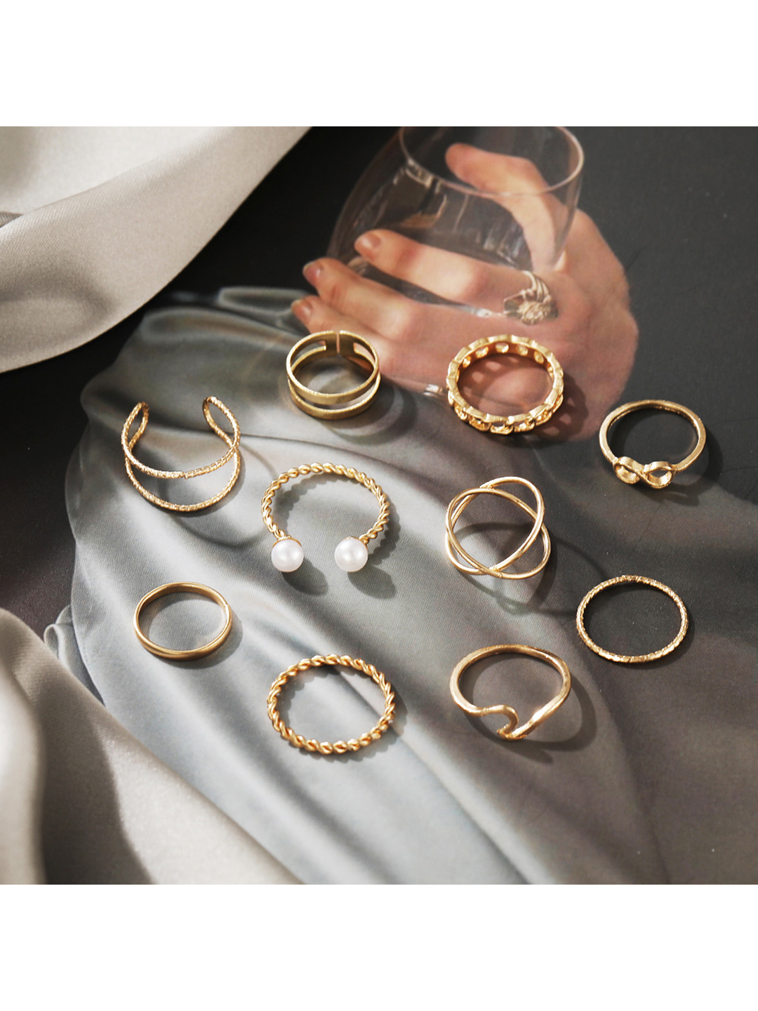 Gold Plated Ring Set - 10 Piece Cross Chain Collection | Fashion & Costume Jewelry For Women Perfect For Engagements Anniversaries Weddings Parties And Gifts