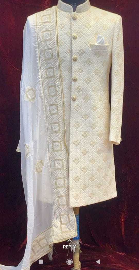 Viscose Georgette Fabric - Lightweight Off White With Geometrical Embroidery | Soft, Semi-transparent, Ideal For Traditional Occasional Wear