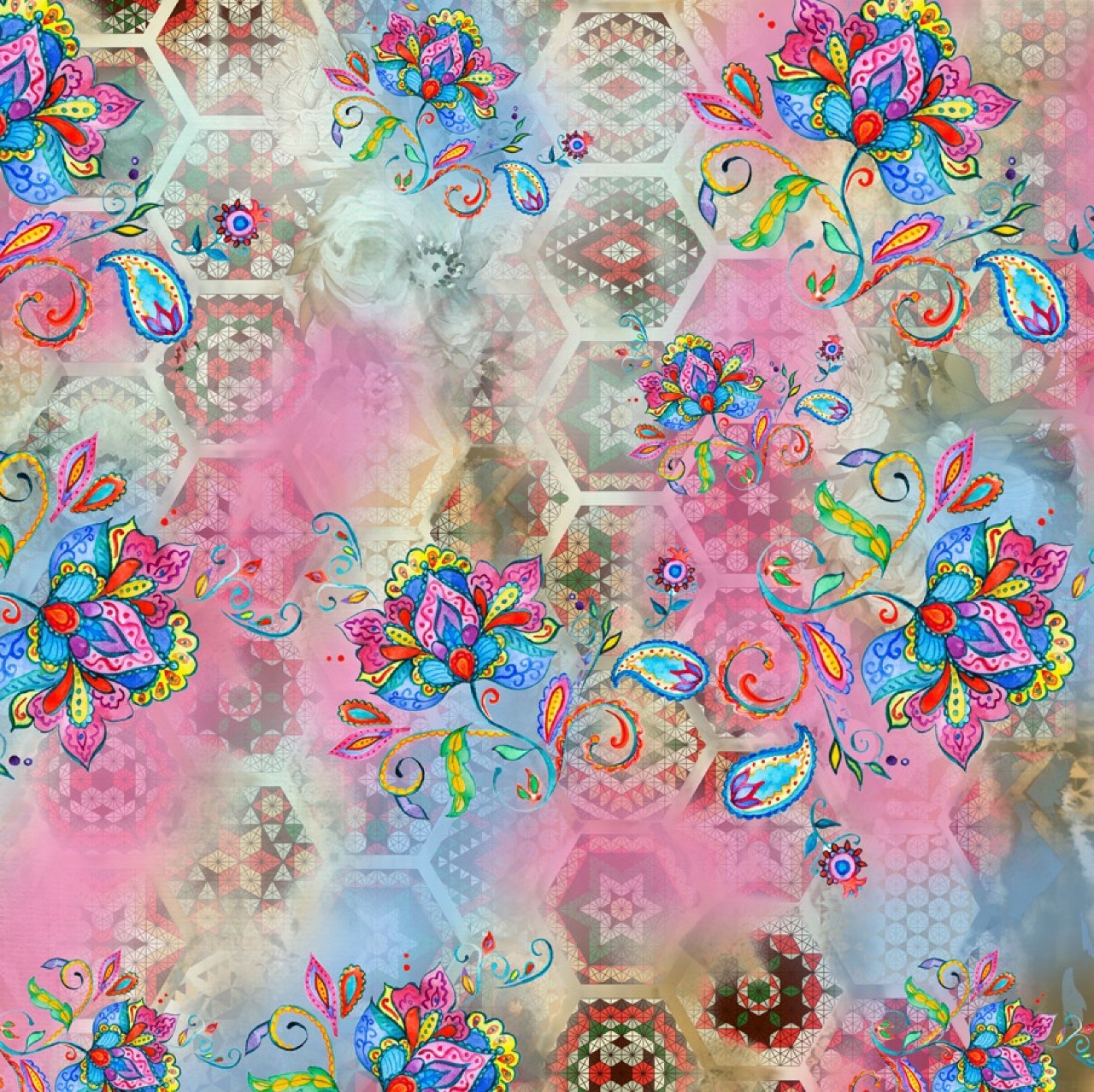 Poly Linen Digital Printed - 44 Inch Width, Multicolour Flower Pattern, Medium Weight Polyester, Washable Fabric For Apparel, Scarves & Blouses