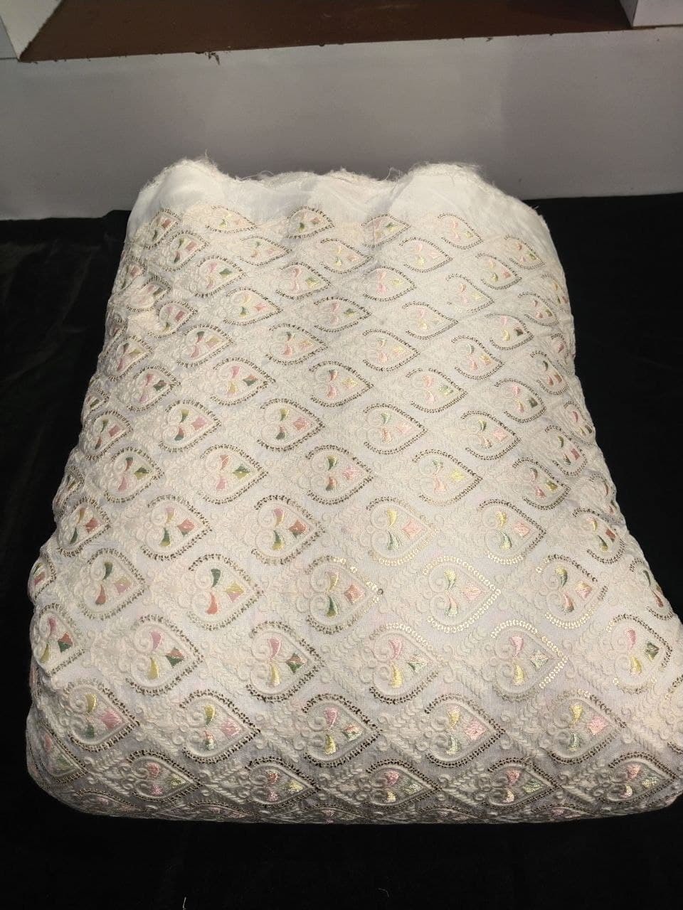 Embroidery Fabric - Polyester, 44'' Width, Off-white Color, Geometric Design, 10 Oz/yd Weight | Features Sequins For Apparel, Home Decor, Crafts